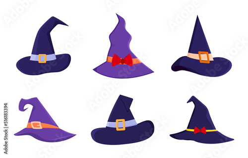 Set of Witch hats, different witch hats, Halloween decorative element, Festive costume for Halloween