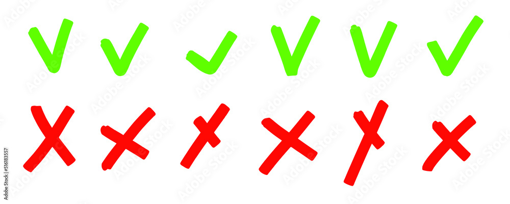 Hand drawn checkmark cross sign. Marker brush check marks answers in test, confirmation, negation icons. Checklist marks template, voting set. Vector flat illustration isolated on white. Hand drawn checkmark cross sign. Marker brush check marks answers in test, confirmation, negation icons. Checklist marks template, voting set. Vector flat illustration isolated on white.