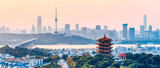 High angle twilight scenery of Yellow Crane Tower in Wuhan, Hubei, China