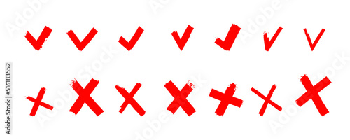 Hand drawn checkmark cross sign. Marker brush check marks answers in test, confirmation, negation icons. Checklist marks template, voting set. Vector flat illustration isolated on white.