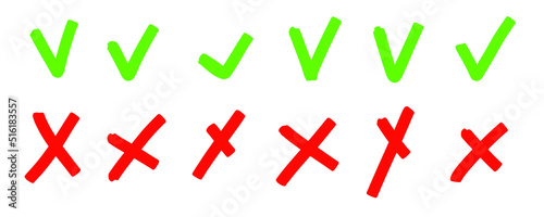 Hand drawn checkmark cross sign. Marker brush check marks answers in test, confirmation, negation icons. Checklist marks template, voting set. Vector flat illustration isolated on white.
