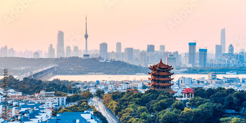 High angle twilight scenery of Yellow Crane Tower in Wuhan, Hubei, China photo