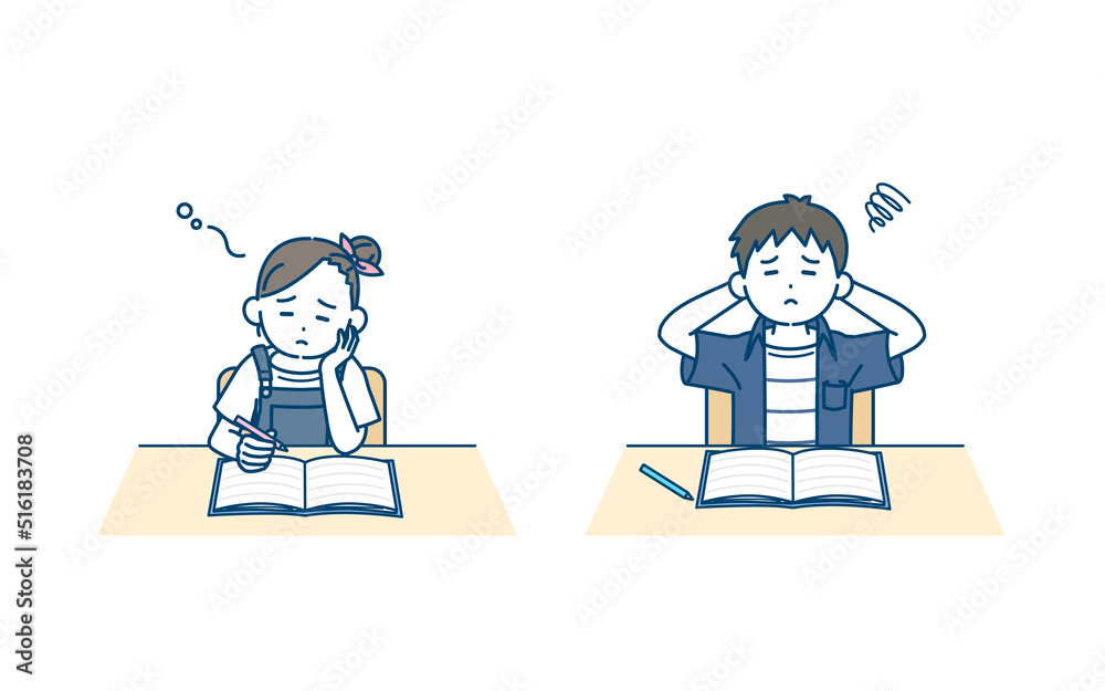 勉強が苦手な子供　男の子　女の子　授業　宿題　つまらない　イラスト