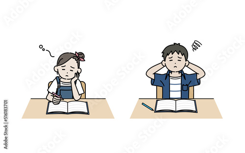 勉強が苦手な子供　男の子　女の子　授業　宿題　つまらない　イラスト