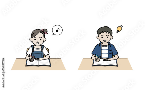 勉強をする子供　男の子　女の子　授業　宿題　学習　楽しい　理解　イラスト