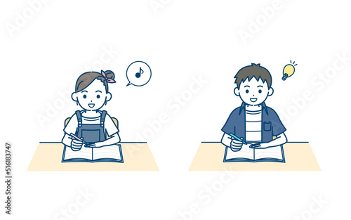 勉強をする子供　男の子　女の子　授業　宿題　学習　楽しい　理解　イラスト
