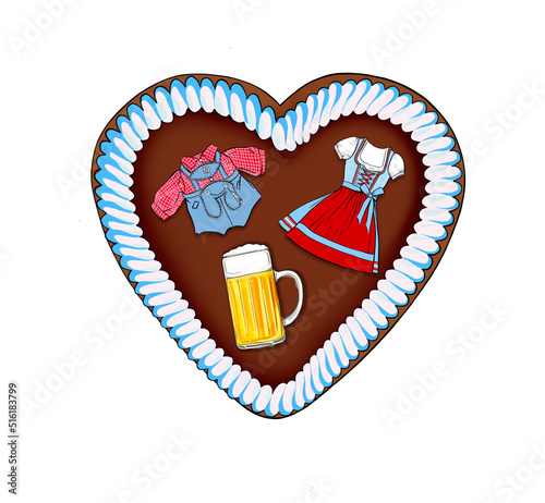 Lebkuchenherz Oktoberfest mit Dirndl und Bier
