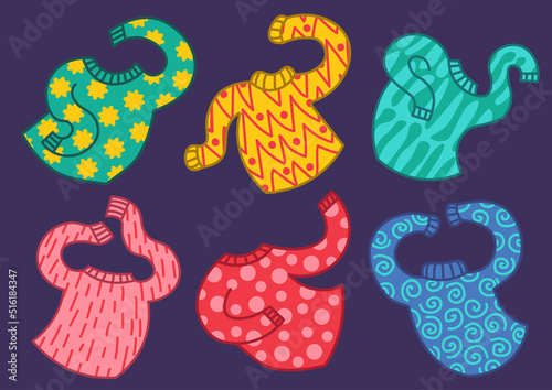 Vector set of colorful cartoon winter sweaters with happily moving arms and yellow stars pattern. Collection of dancing clothes. Fun graphic print illustrarion for Christmas, New Year, birthday.
