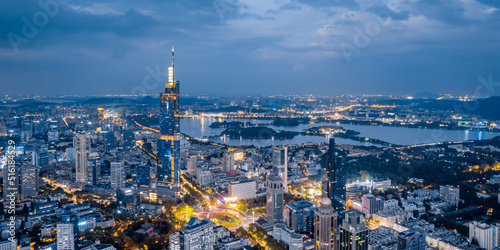 Night view of Zifeng Tower and city skyline in Nanjing  Jiangsu  China