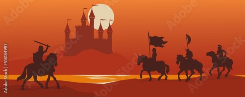Black knights silhouettes, fantasy warriors going to fight on a castle background. Landscape view of medieval soldiers on horses in helmets with flags, spears, swords and shields. Vector illustration.
