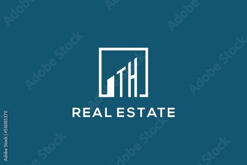 Letter TH square line with building logo design, creative monogram logo style for real estate company