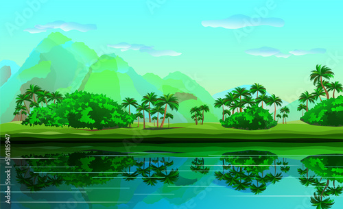Landscape background. Mountain landscape. Panoramic landscape with palm trees, river and mountains. Vector illustration.