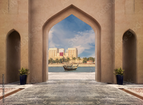 An illusion of gate and ship and building in the back