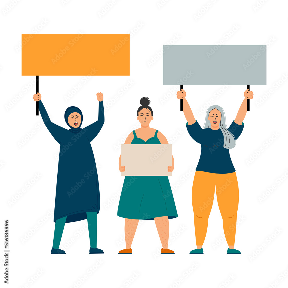 Group of women protesting and vindicating their rights holding banners, megaphones and placards. Female march for rights. Protest of an aggressive person at a political meeting, parade or rally. Group of women protesting and vindicating their rights holding banners, megaphones and placards. Female march for rights. Protest of an aggressive person at a political meeting, parade or rally.