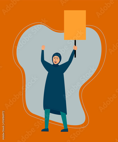 Women support protest. A Muslim woman screaming with a placard in her hand. Flat design colorful illustration. Protest of an aggressive person at a political meeting