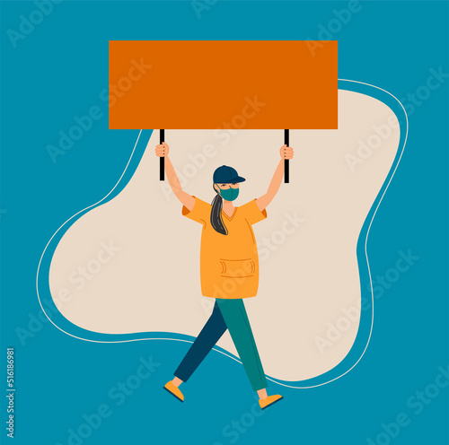 Women support protest. A young woman screaming with a placard in her hand,  supporting the protests . Flat design colorful illustration. Protest of an aggressive person at a political meeting