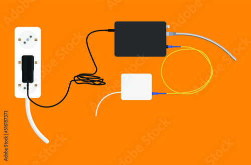 Optical fiber internet connection on orange background