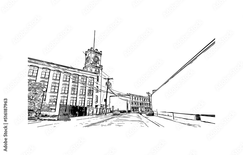 Fototapeta premium Building view with landmark of Nashua is a city in southern New Hampshire. Hand drawn sketch illustration in vector.