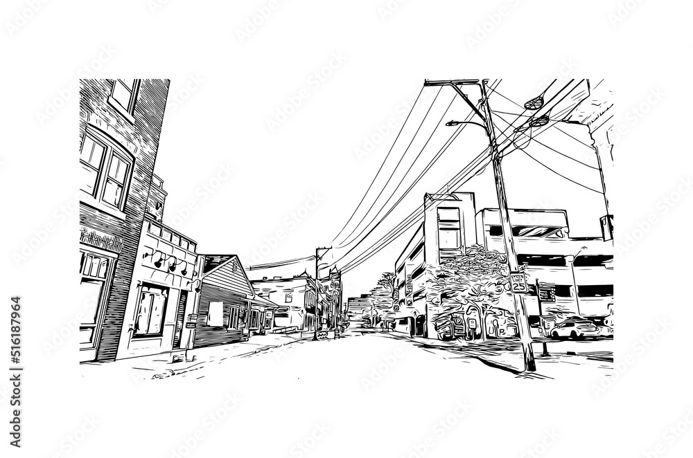 Building view with landmark of Nashua is a city in southern New Hampshire. Hand drawn sketch illustration in vector.