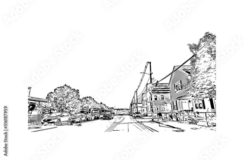 Building view with landmark of Nashua is a city in southern New Hampshire. Hand drawn sketch illustration in vector.
