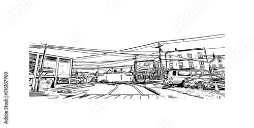 Building view with landmark of Nashua is a city in southern New Hampshire. Hand drawn sketch illustration in vector.