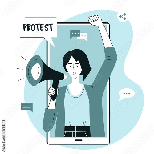 Digital Online Protest Concept. Woman on Huge Smartphone Screen shouting through megaphon. Character protesting via Internet. Flat Vector Illustration