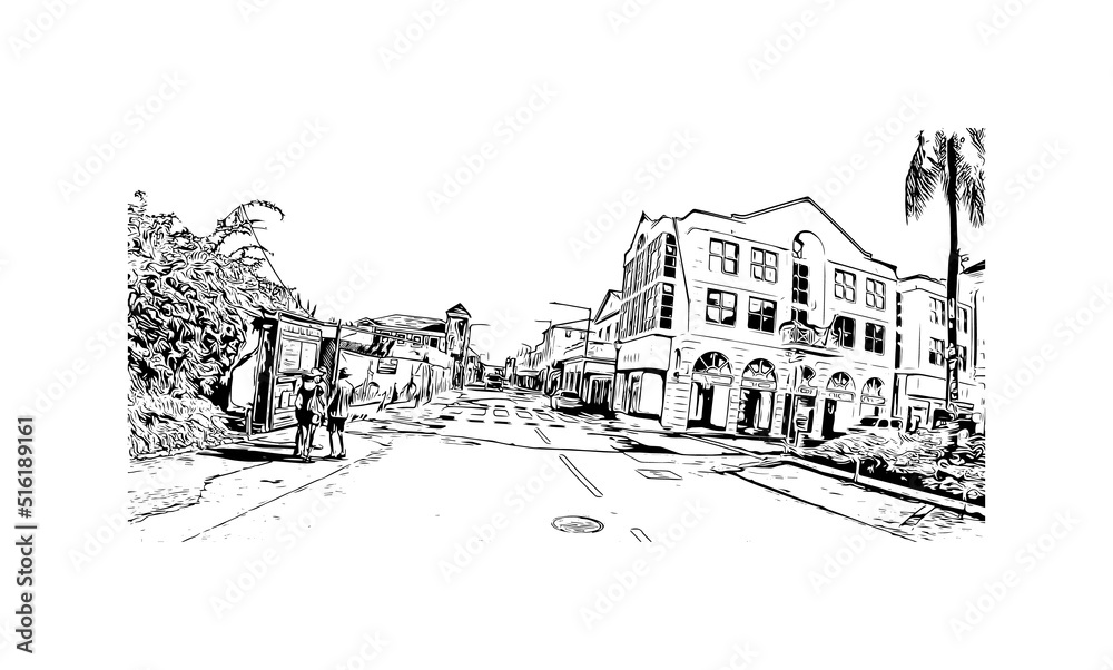 Building view with landmark of Nassau is the 
capital in Bahamas. Hand drawn sketch illustration in vector.