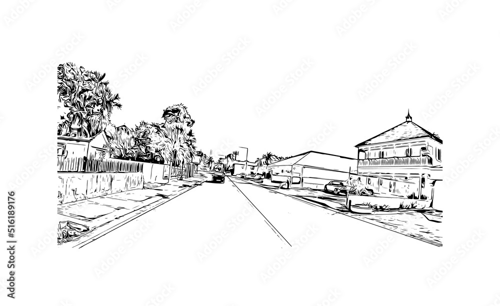 Building view with landmark of Nassau is the 
capital in Bahamas. Hand drawn sketch illustration in vector.