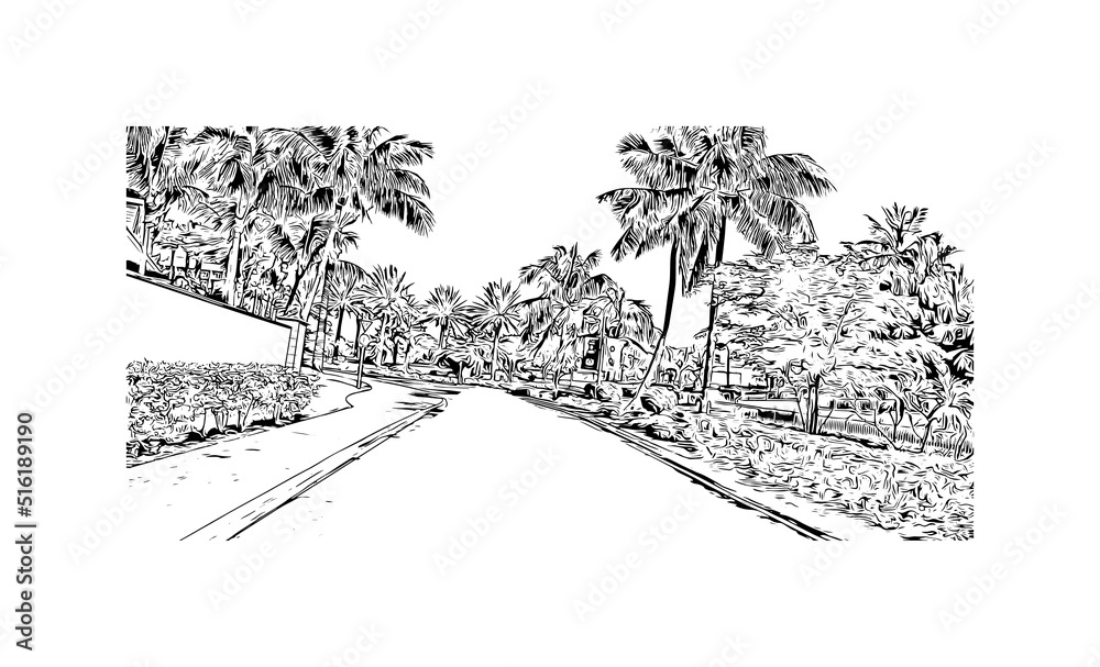 Obraz premium Building view with landmark of Nassau is the capital in Bahamas. Hand drawn sketch illustration in vector.