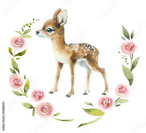 Deer cub. Composition in a roses  wreath. Watercolor hand drawn illustration. © budogosh