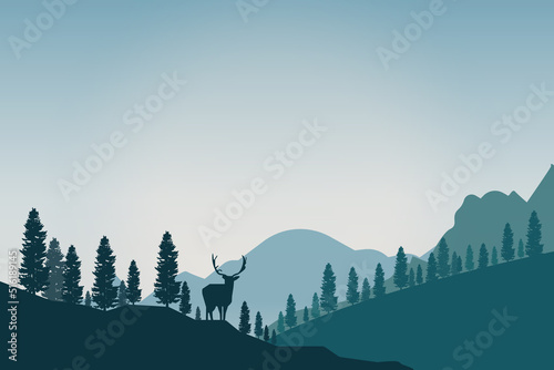 blue landscape with silhouettes of misty mountains, forests and deer. eps 10
