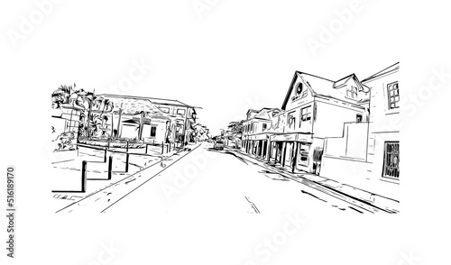 Building view with landmark of Nassau is the 
capital in Bahamas. Hand drawn sketch illustration in vector.