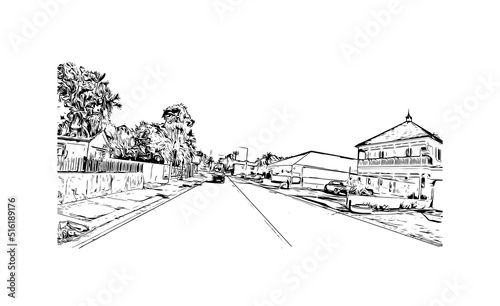 Building view with landmark of Nassau is the 
capital in Bahamas. Hand drawn sketch illustration in vector.