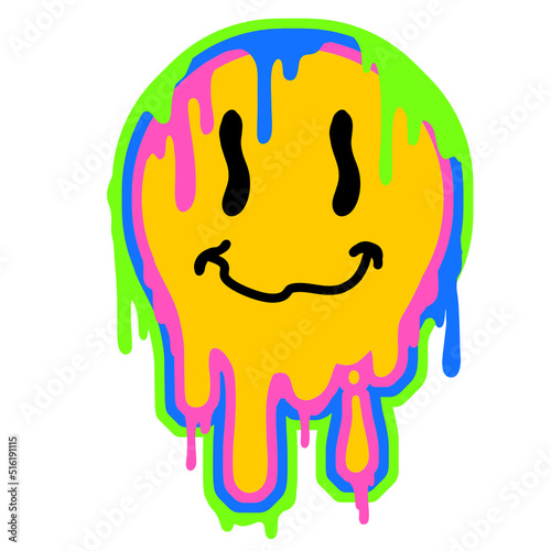 Acid smile face. Melted rave and techno symbol of 90s