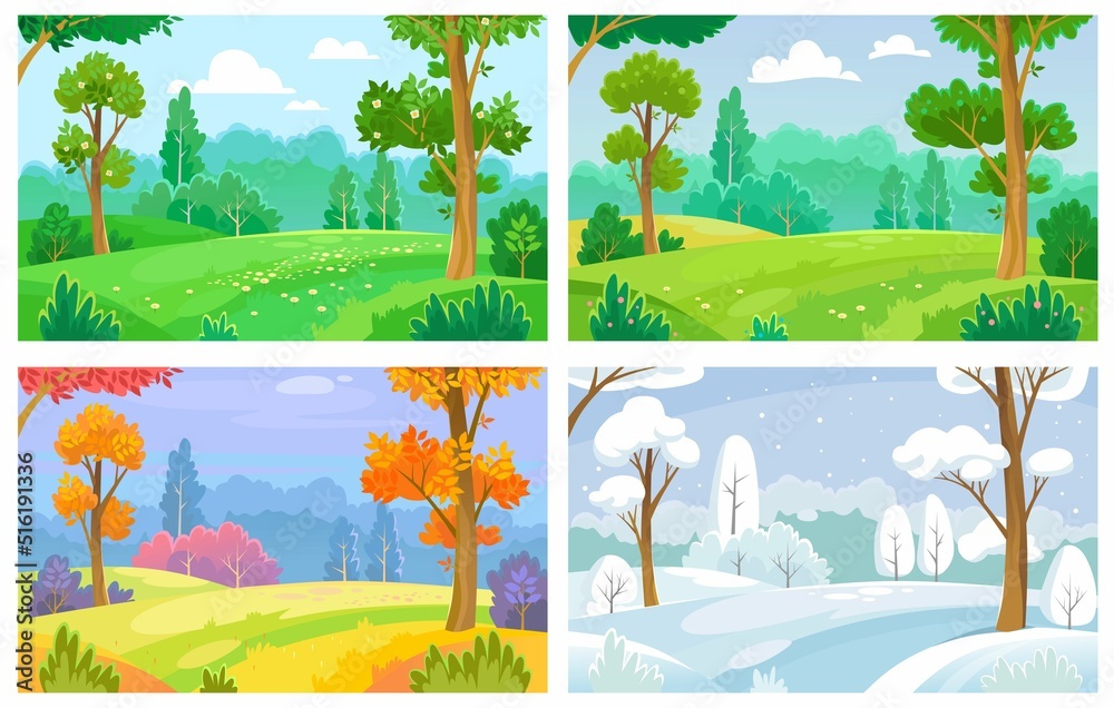 Set of park backgrounds in four seasons: winter, spring, summer, and fall. Landscape view of a park, forest with meadows or fields at different parts of the year. Cartoon style vector illustration.