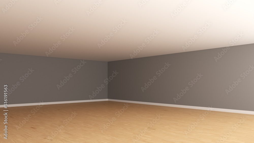 Corner of the Interior with Grey Walls, White Ceiling, Light Parquet Flooring and a White Plinth. Unfurnished Empty Room. Perspective View. 3D Render, Ultra HD 8K, 7680x4320, 300 dpi Corner of the Interior with Grey Walls, White Ceiling, Light Parquet Flooring and a White Plinth. Unfurnished Empty Room. Perspective View. 3D Render, Ultra HD 8K, 7680x4320, 300 dpi