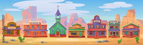 Wild west town background. Landscape view of a row of buildings: church, sheriff, hotel, post, store, bank, saloon. Background for the western game. Cartoon style vector illustration.