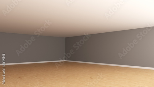 Corner of the Interior with Grey Walls, White Ceiling, Light Parquet Flooring and a White Plinth. Unfurnished Empty Room. Perspective View. 3D Render, Ultra HD 8K, 7680x4320, 300 dpi