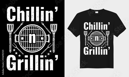 Chilling and Grilling BBQ vector typography t-shirt design. Perfect for print items and bags, posters, cards, vector illustration. Isolated on black background