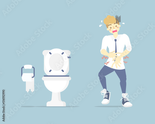 man having stomach ache, needing to urinate, holding his pee, poo, bladder, suffering from diarrhea or constipation, health care concept, sanitation concept, flat character design vector illustration