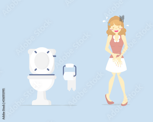 woman having stomach ache, needing to urinate, holding her pee, suffering from diarrhea or constipation, health care concept, sanitation concept, flat character design vector illustration cartoon