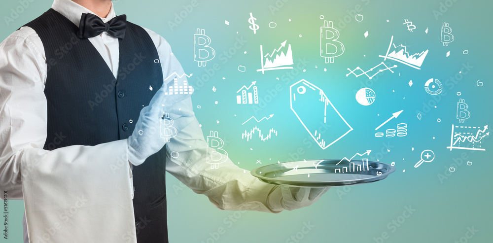 Handsome young waiter in tuxedo holding money icons on tray Handsome young waiter in tuxedo holding money icons on tray