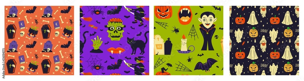 Set of four Halloween vector patterns. Endless texture can be used for wallpaper, fill pattern, background, surface. Set of four Halloween vector patterns. Endless texture can be used for wallpaper, fill pattern, background, surface.