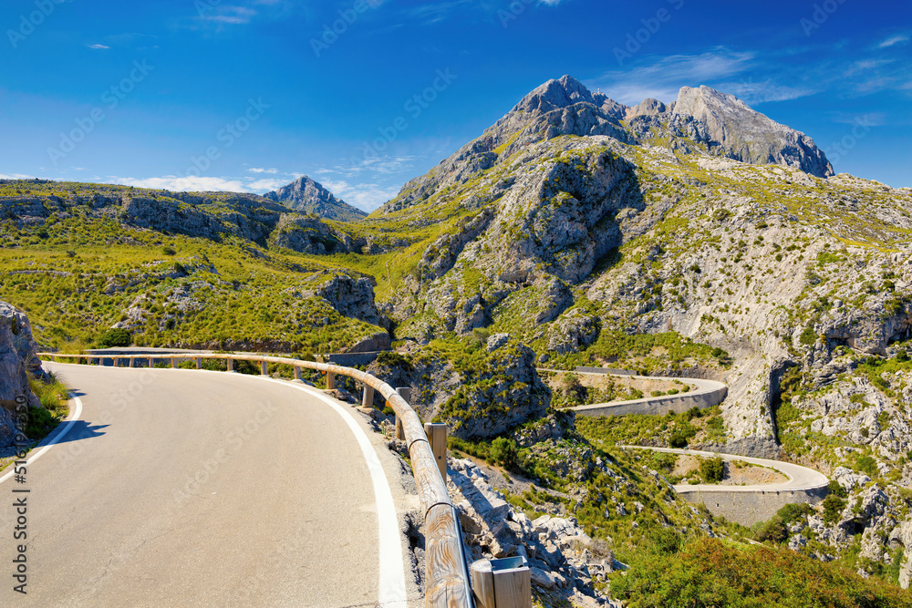 Panoramic view of the Reies mountain pass with a narrow and twisty road, Majorca Island, Balearic Islands, Spain