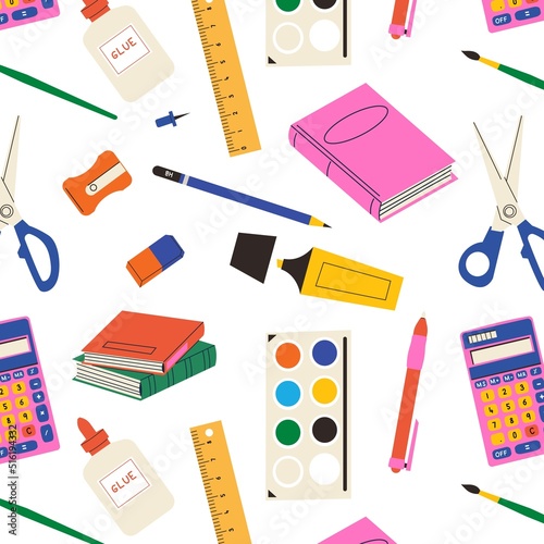 Stationery items vector seamless pattern. School hand drawn pattern. Sketchbook , scissors, eraser, pen, brush, sharpener, pencil, ruler. Wallpaper, wrapping paper cartoon design.