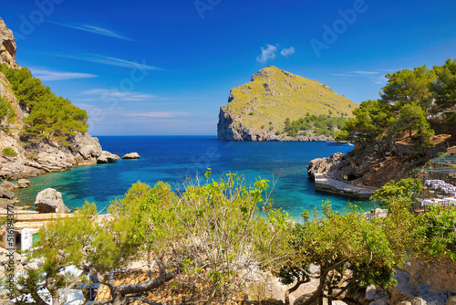 Panoramic view of La Calobra cove in spring  a sunny day. Majorca Island  Balearic Islands  Spain