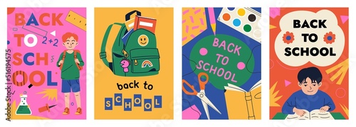 Back to school poster collection. Elements and characters on the school theme for the poster. Modern flat cartoon colorful vector illustration.