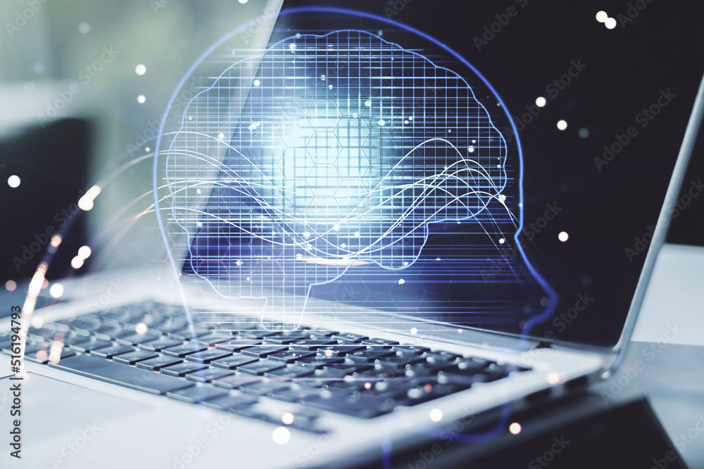 Double exposure of creative artificial Intelligence symbol with modern laptop on background. Neural networks and machine learning concept Double exposure of creative artificial Intelligence symbol with modern laptop on background. Neural networks and machine learning concept