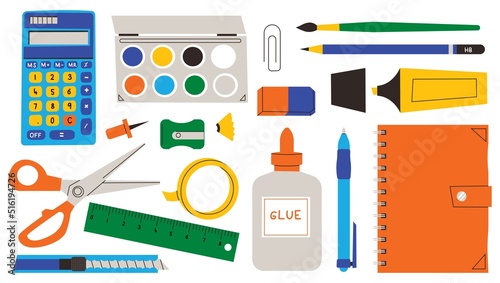 Various stationery items for the student. Hand drawn big vector set. Sketchbook, pencil, eraser, pen, marker, ruler, scissors, ink, etc.