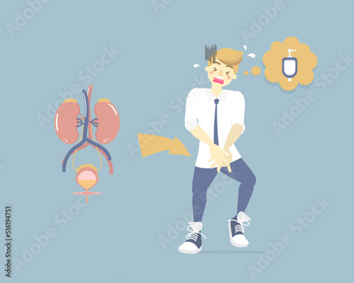 man needing to urinate and holding his bladder, pee, health care, cystitis concept, sanitation, incontinence concept, flat character design clip art vector illustration cartoon